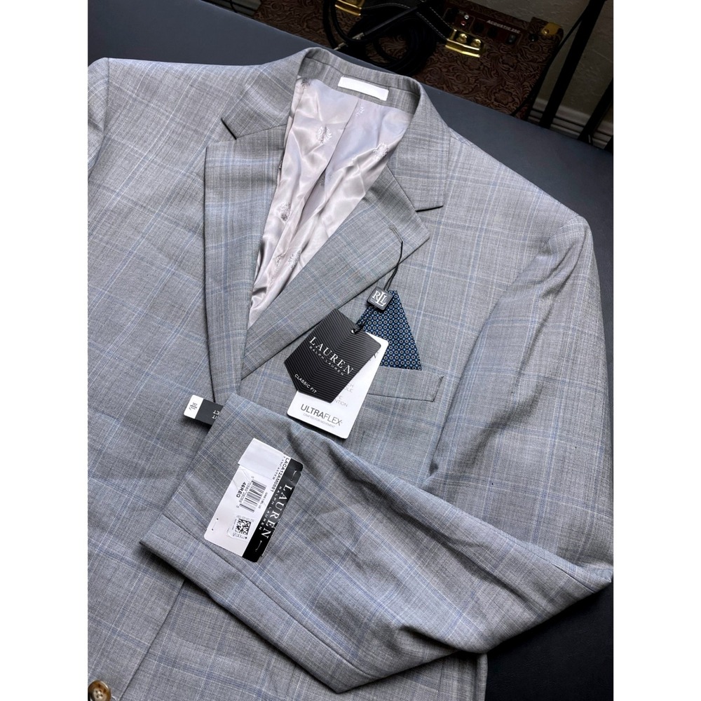 Lauren Ralph Lauren New / tags 46R Grey Blue Ultraflex Classic Fit Stretch Plaid